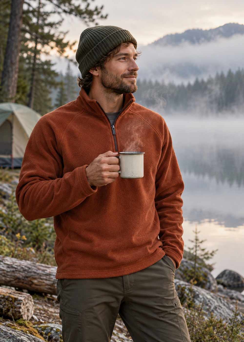 A fleece at a misty lakeside camp, next to a steaming mug.