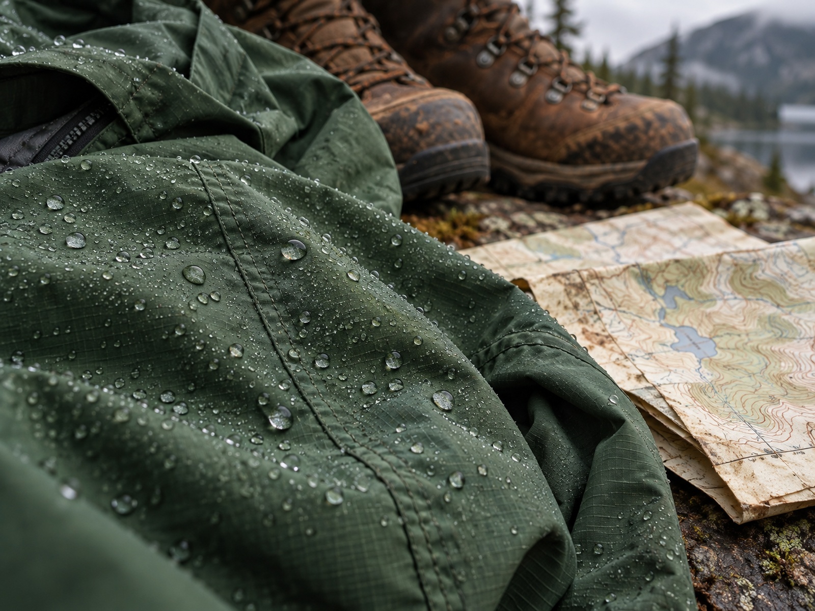 Water beading on green jacket fabric, beside a worn map and hiking boots.